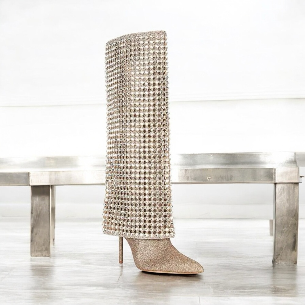 Gianni Bini Crystal-Embellished Metallic Gold Knee-High Heeled Boot